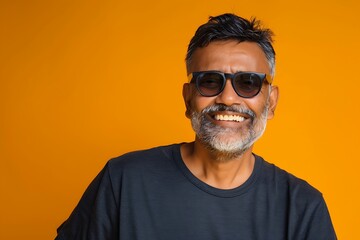 Fototapeta premium Smiling Man Wearing Sunglasses Against a Yellow Background