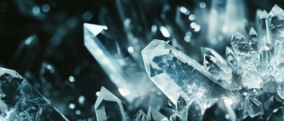 Close-up of radiant crystals glowing with ethereal beauty against a dark background, each facet illuminating the others with a cascade of light.