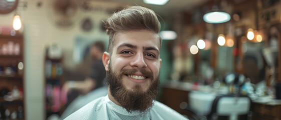 Obraz premium A joyful man with a full beard smiles warmly in a classic barbershop, portraying satisfaction and friendliness in a vintage setting.