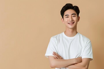 Obraz premium Smiling Young Man in White T-Shirt