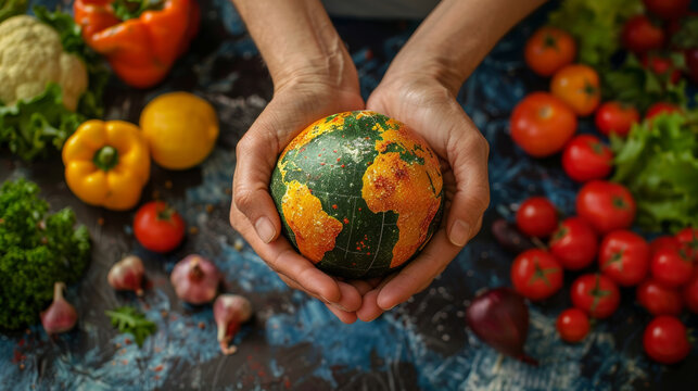 Hands hold a globe while surrounded by colorful vegetables to celebrate World Food Day - Powered by Adobe