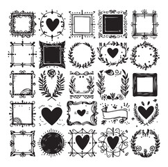 Hand drawn frames with wavy lines, silhouettes Vector illustration design.