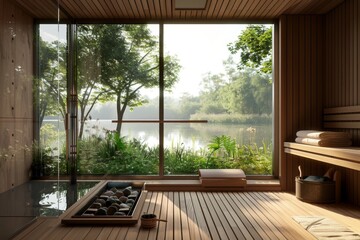 This is an image of a sauna room with floor-to-ceiling windows, showcasing a stunning view of nature.