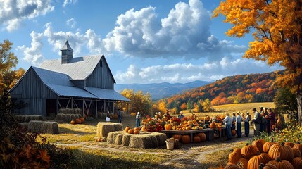 Autumn Harvest at the Country Barn. generative ai illustration.