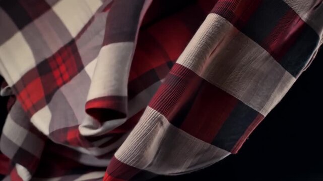 Solid plaid red, white and black flannel fabric flowing on a black background, simulation