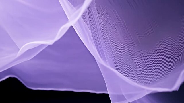 Solid lavender tulle fabric flowing on black background, symbolizing grace and elegance, simulation