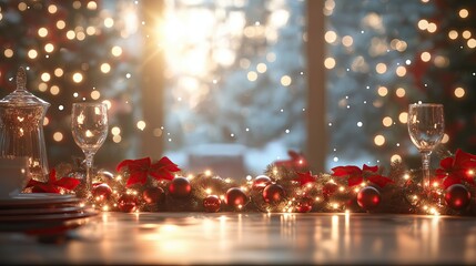 Festive Christmas Table Setting with Warm Glowing Lights and Holiday Decorations, Cozy Winter Atmosphere for Celebrations