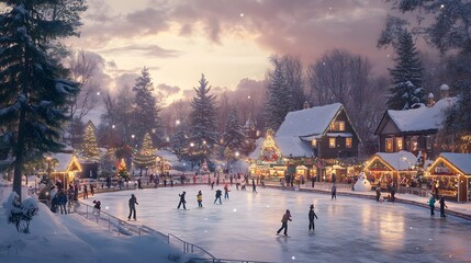 Snowy Village Ice Skating Rink at Sunset. generative ai illustration.