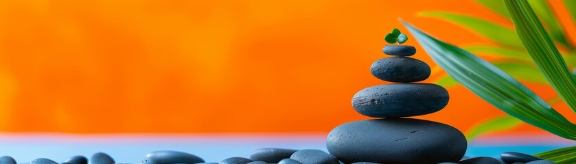 Balanced stack of smooth black stones on a tranquil beach setting with a calming orange background and green leaves.