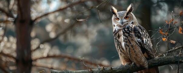 Majestic owl perched on a branch, 4K hyperrealistic photo