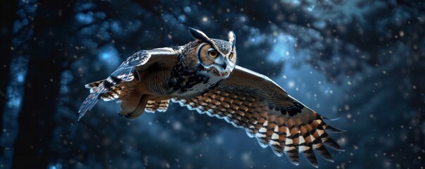 Majestic owl flying in the night sky, 4K hyperrealistic photo