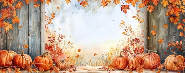 Thanksgivingthemed voting station, fall leaves and pumpkins, festive ambiance, Watercolor style
