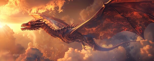 Majestic dragon soaring through a fiery sky, 4K hyperrealistic photo