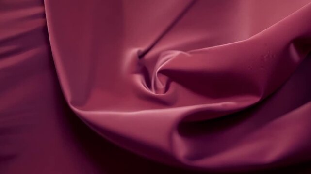 The video shows a close-up shot of Solid maroon rayon fabric flowing, creating a visually appealing and elegant abstract background, simulation