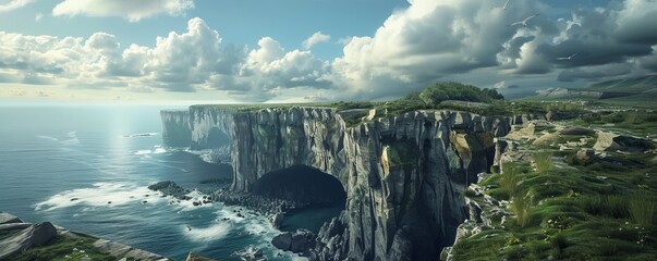 Majestic cliffside with an ocean view, 4K hyperrealistic photo