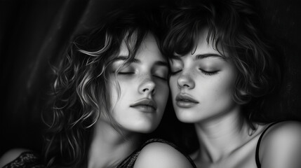 Fototapeta premium Two women resting their heads on each other's shoulders , clean dark backdrop, black and white