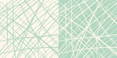 Set of two hand-drawn patterns, chaotic hatching on beige and green background. Pastel colors, pencil lines, vector sketch.