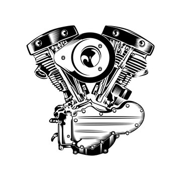V Twin Engine motorbike black and white illustration vector isolated on white background. V Twin Engine Silhouette Vector Isolated. V Twin Motorcycle Engine Vector black and white.