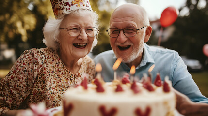 Elderly Couple Celebrating Birthday Outdoors with Cake and Candles, Both Smiling and Wearing Party Hats, During a Sunny Afternoon, Copy Space
