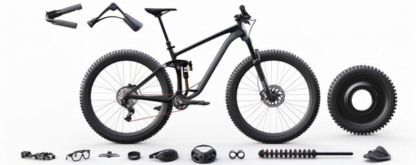 Obraz premium Isolated mountain bike and gear on white background, 4K hyperrealistic photo