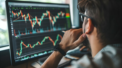 Fototapeta premium Two individuals sitting at a desk, engaged in conversation about stock market trading strategies.