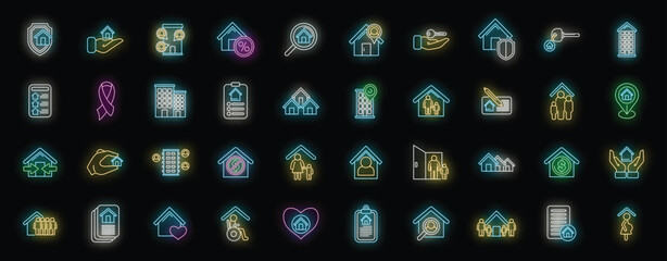 Social housing icons set outline vector. Home work. Stay care neon color on black