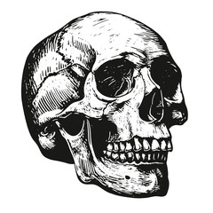 Vector vintage skull illustration. Hand-drawn black ink engraving on white background, retro human skeleton design for Halloween, tattoo, alchemy, and horror art elements.