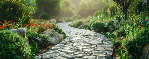 Gray stone pathway winding through a lush garden, 4K hyperrealistic photo