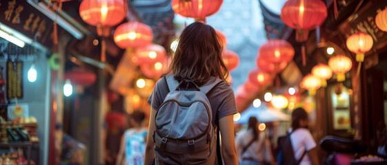 Fototapeta premium A traveler with a backpack walks through a vibrant market street illuminated with red lanterns, evoking a sense of adventure and cultural exploration.