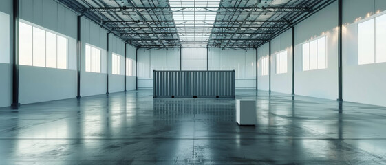 A large, empty warehouse filled with natural light filtering through numerous windows, emphasizing open space and industrial design.