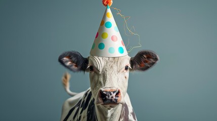 Cute cow wearing party hat celebrating festive occasion with bokeh lights and confetti