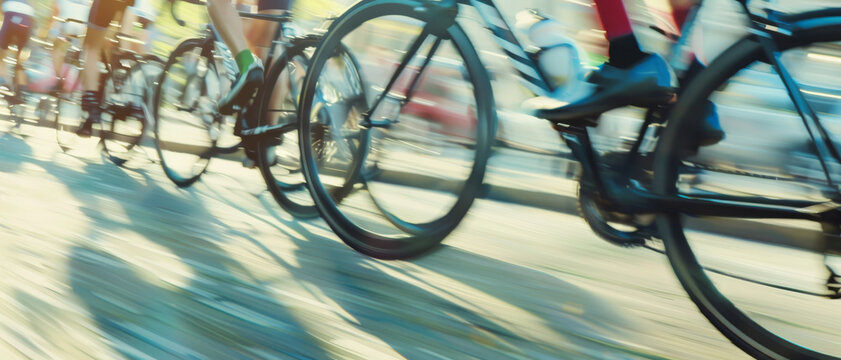 The blurred motion of cyclists racing down the street highlights the energy and intensity of the competition.