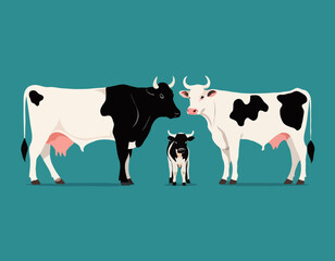 male and female farm animals. Cow, bull and calf icons. Dairy cattle in different poses