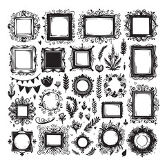 Hand drawn frames with wavy lines, silhouettes Vector illustration design.