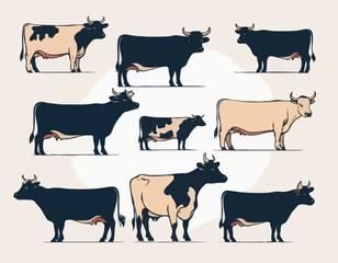male and female farm animals. Cow, bull and calf icons. Dairy cattle in different poses
