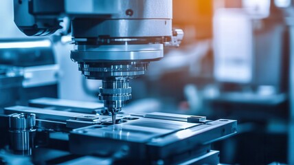 CNC machine in factory, focus on, copy space, bold tones, double exposure silhouette with precision tools