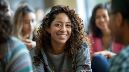 Smiling Woman Casual Conversation Friends Gathering Focus