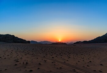 Sunset over the Wadi Rum desert in Jordan