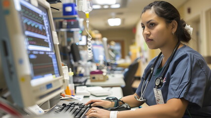 Focused Nurse Monitoring Patient Vital Signs Hospital Environment
