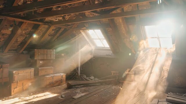 Rustic attic ambiance with sunlight filtering through dusty wooden boxes