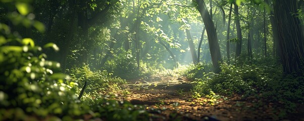 Enchanting forest grove with sunlight filtering through the leaves, 4K hyperrealistic photo