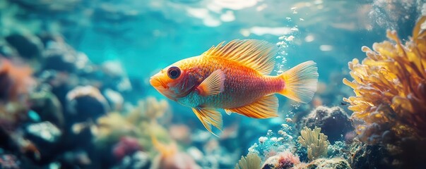 Fototapeta premium Fish and underwater pollution close up, focus on, copy space vibrant tints, Double exposure silhouette with polluted ocean