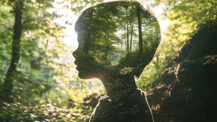Forest entrance with a curious child close up, focus on, copy space inviting shades, Double exposure silhouette with wonder