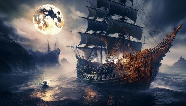  A high-quality depiction of a pirate galleon from 1750 with black sails and golden cannons.