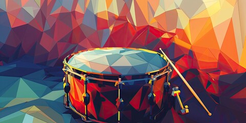 Drum and drumstick on a colorful geometric background.
