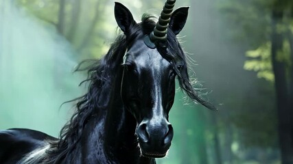 Enchanting black unicorn in mystical forest setting