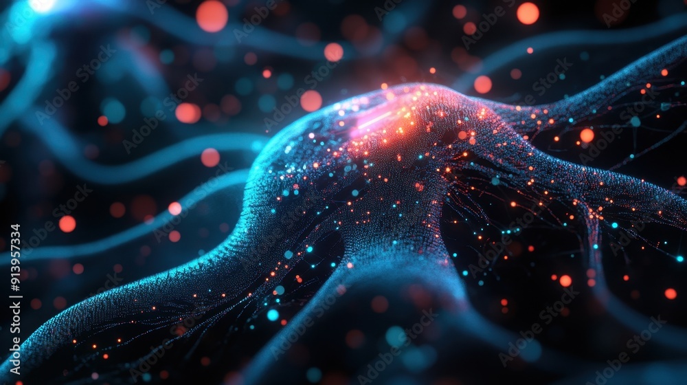 Poster neural network representing ai data processing with neon glow