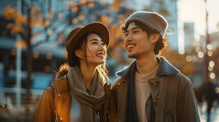 Fototapeta premium Stylish Couple Sharing a Moment in Vibrant Urban Cityscape with Copy Space