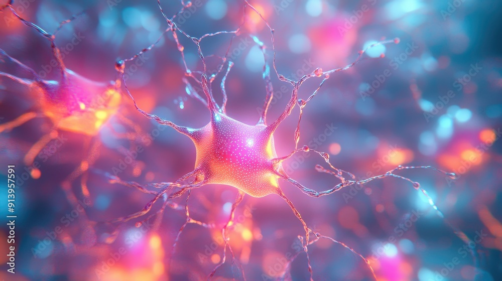Poster neural network representing ai data processing with neon glow