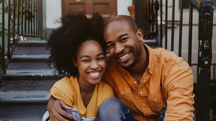 Happy Couple Embracing Urban Stairs Casual Wear Smiling